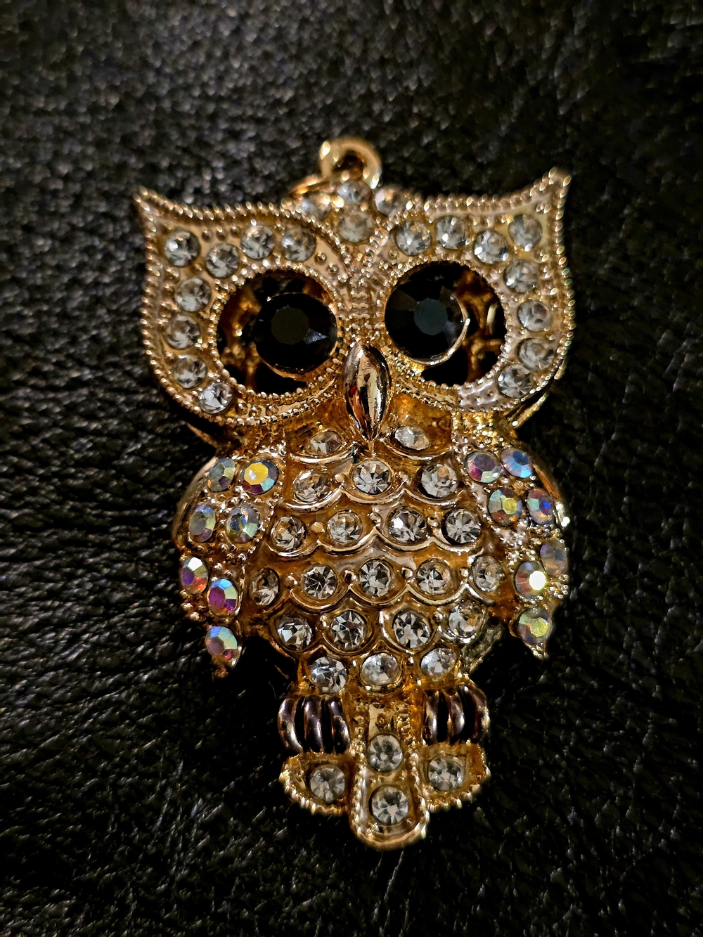 Unk Gold-tone Rhinestone Owl Brooch with Black Eyes